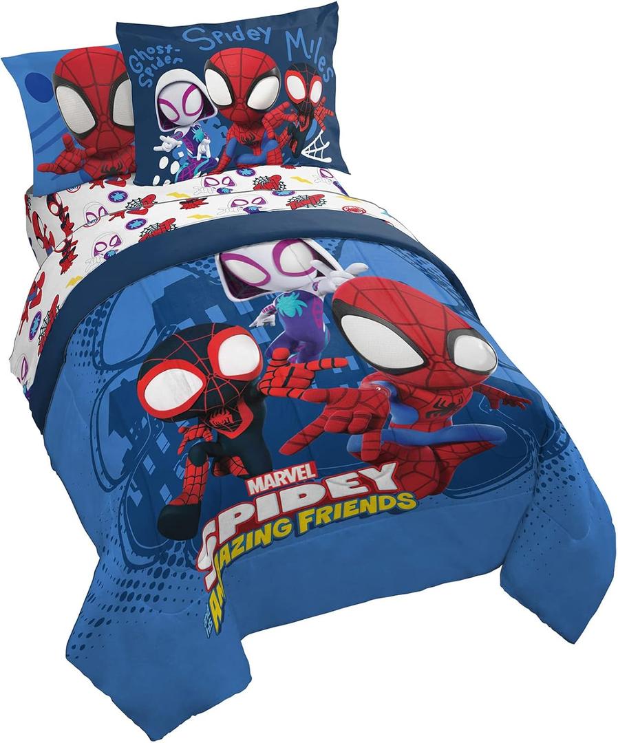 Jay Franco Marvel Spidey and His Amazing Friends Team Spidey 7 Piece Full Size Bed Set - Includes Comforter & Sheet Set Bedding - Super Soft Fade Resistant Microfiber (Official Marvel Product) (Blue - Spidey & Friends)