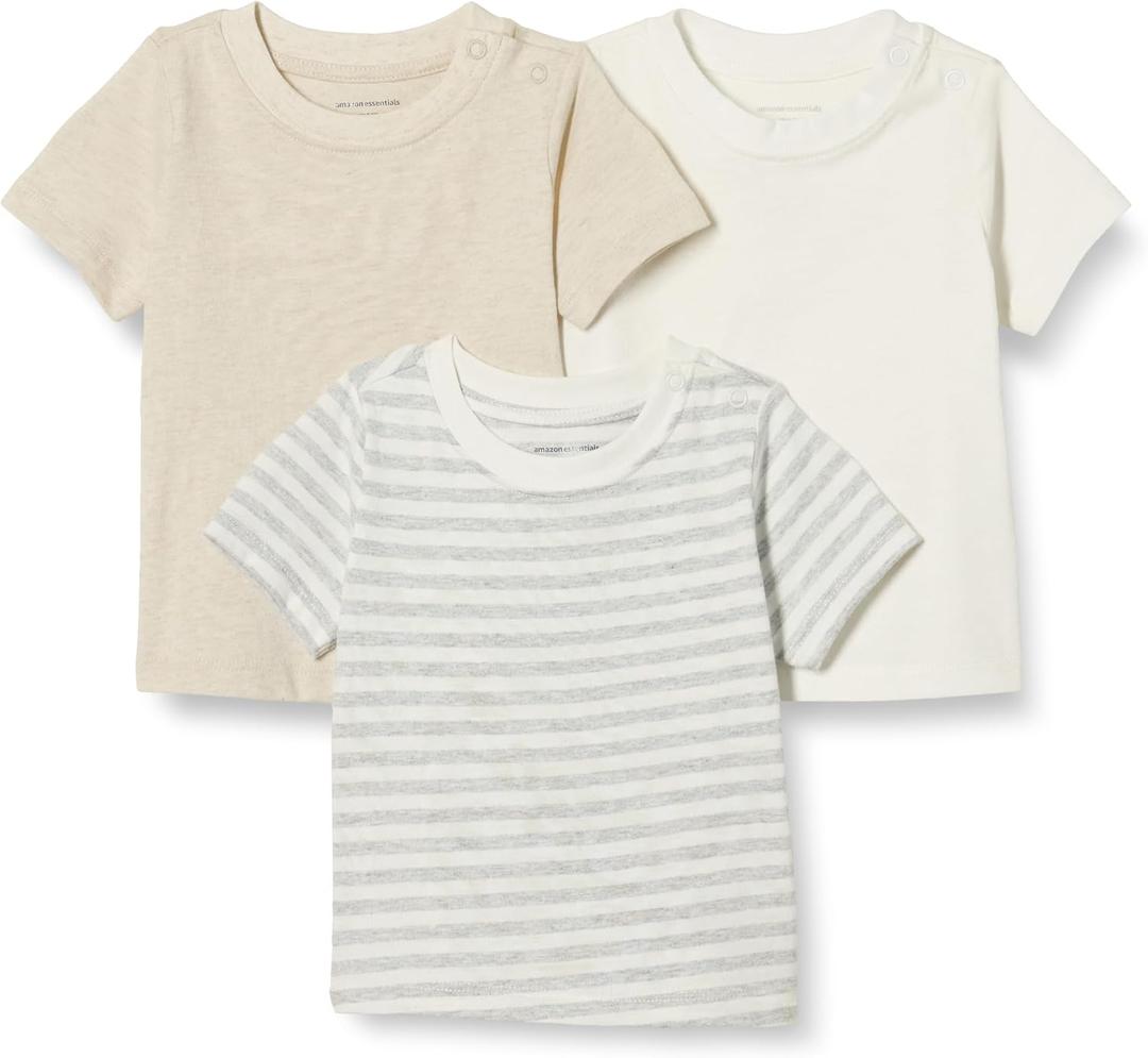 Amazon Essentials Unisex Babies' Short Sleeve T-Shirts, Pack of 3, Oatmeal Heather/ White/ Stripe, 18 Months