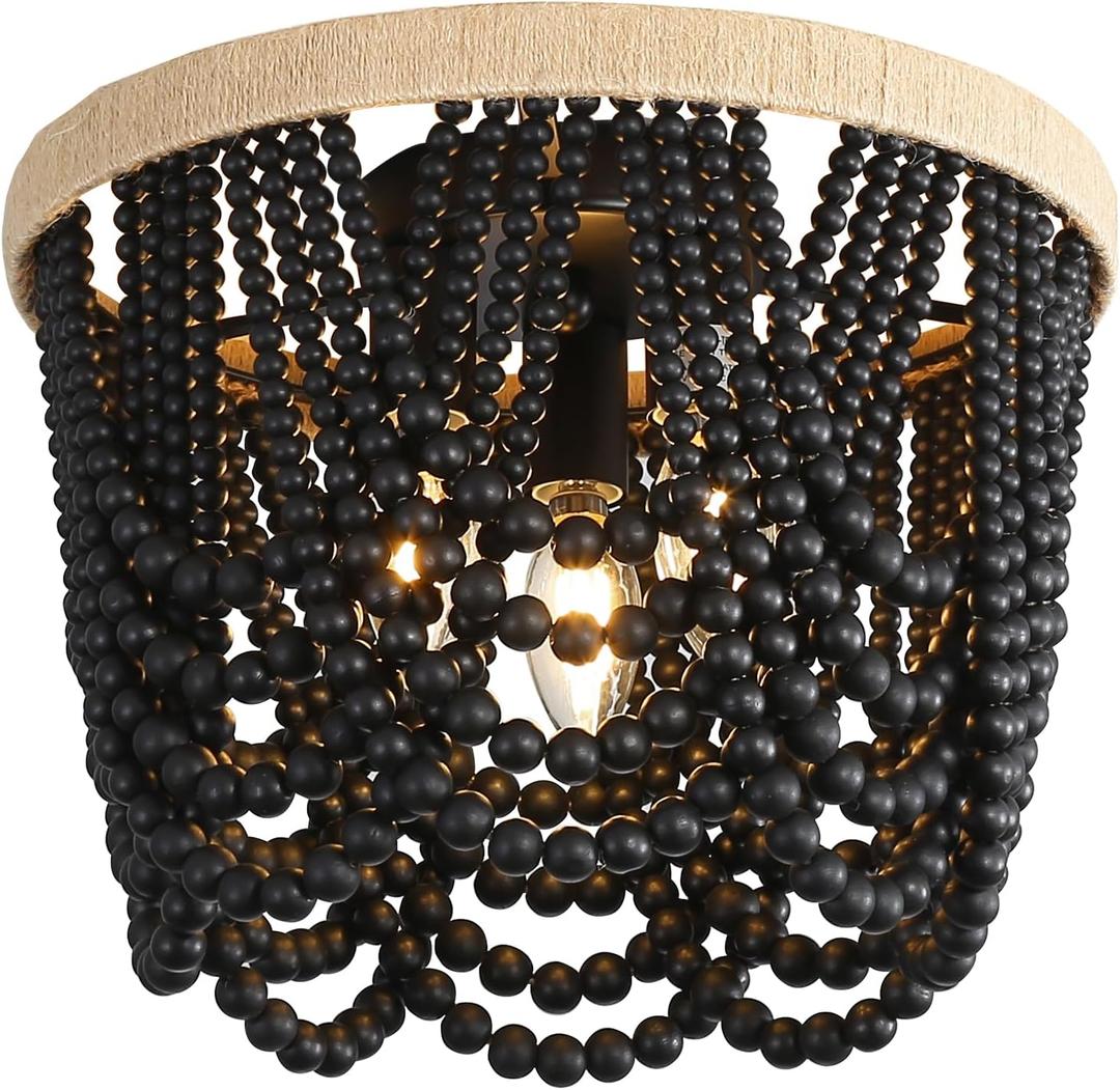 Bohemian Lighting Bohemian Chandelier Handmade Beaded Chandelier Vintage Hemp Rope Woven Ceiling Lighting 3 Lights Wood Bead Chandelier Nursery Lighting Bedroom Ceiling Light (Black)