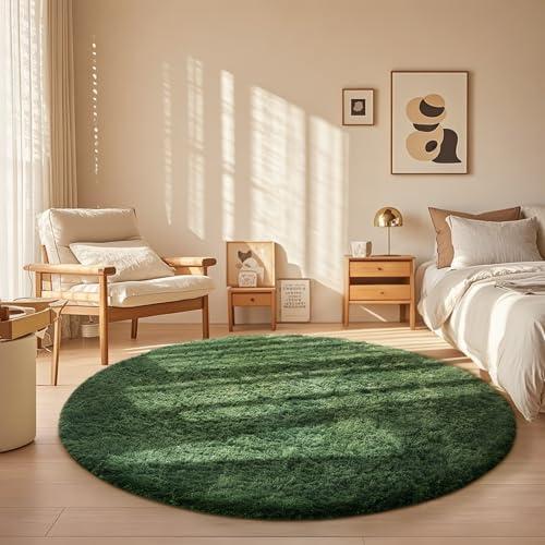 Ophanie Round Rug 5Ft Grey Green Circle Area Rug, Grayish Green Room Decor, Fluffy Fuzzy Bedroom Carpet, Plush Soft Shaggy Living Room Rugs for Kids Home Decor Aesthetic, Nursery