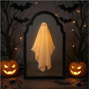 Halloween Hologram Ghost Mirror with Creepy Eyes Night Light,Halloween Ghostmirror Spooky Halloween Haunted House Decor,Black Wood Frame (S)