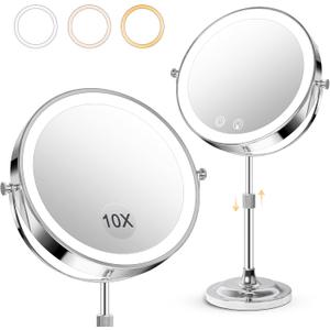 8" Makeup Mirror with Lights,4000mAh Rechargeable Vanity Mirror,1X/10X Double Sided Magnifying Mirror with Adjustable Height, 3 Colors Stepless Dimming Lighted Makeup Mirror,Women Gift