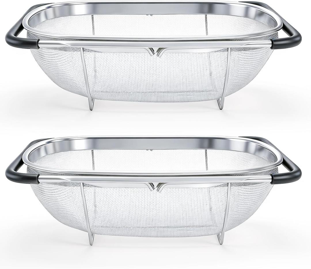Suwimut 2 Pack Over the Sink Oval Colander for Kitchen, Stainless Steel Fine Mesh 6 Quart Strainer Basket with Expandable Rubber Grip Handles for Straining, Draining, Rinsing Fruits, Vegetables