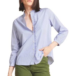 Womens Blue White Stripe Button Down Shirt Long Sleeve Standup Collar Blouse Dressy Business Casual Tops with Ruffle Details (XL)