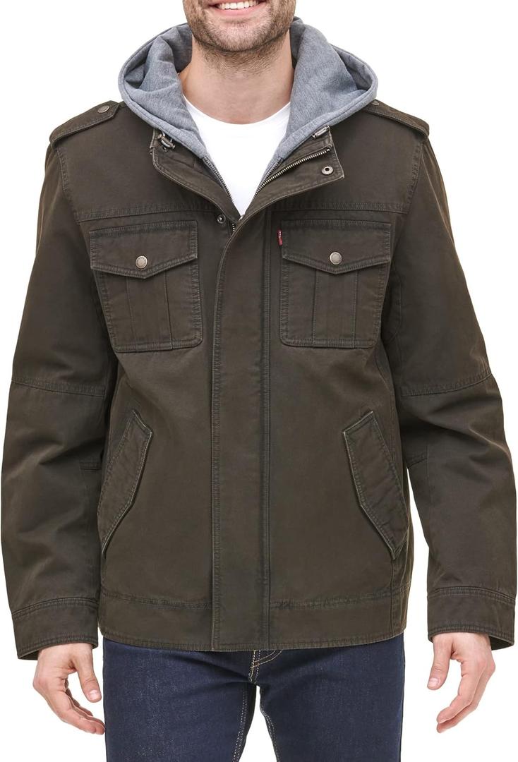 Levi's Men's Washed Cotton Hooded Military Jacket (XX-Large, Dark Brown/Sherpa Lined)