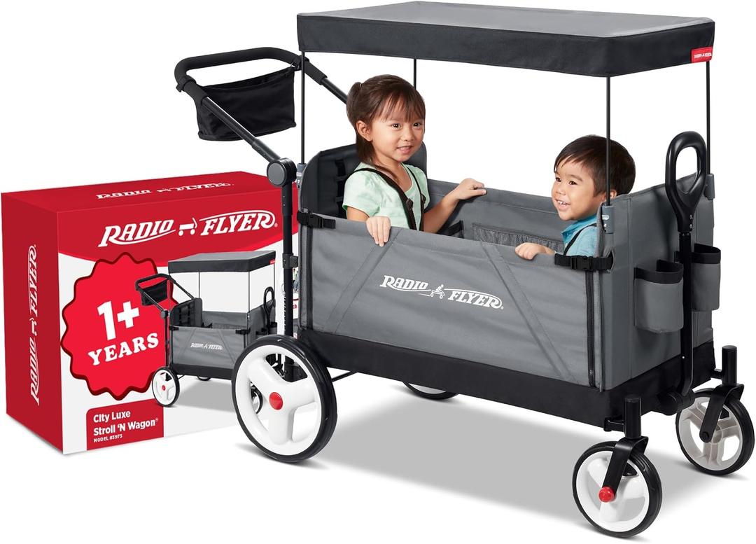 Radio Flyer City Luxe Stroll 'N Wagon, for Ages 1+, 3-in-1 Push or Pull, with Bench Mode, Easy Fold, UV Canopy, 5-Point Harnesses, Front Caster Wheels & 12" Rear Wheels, Stroller Wagon for Kids