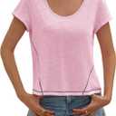 Cicy Bell Womens Cropped Scoop Neck Tshirts Summer Cap Short Sleeve Exposed Seam Tops Casual Loose Fit Cotton Tee Shirts (Pink, M)