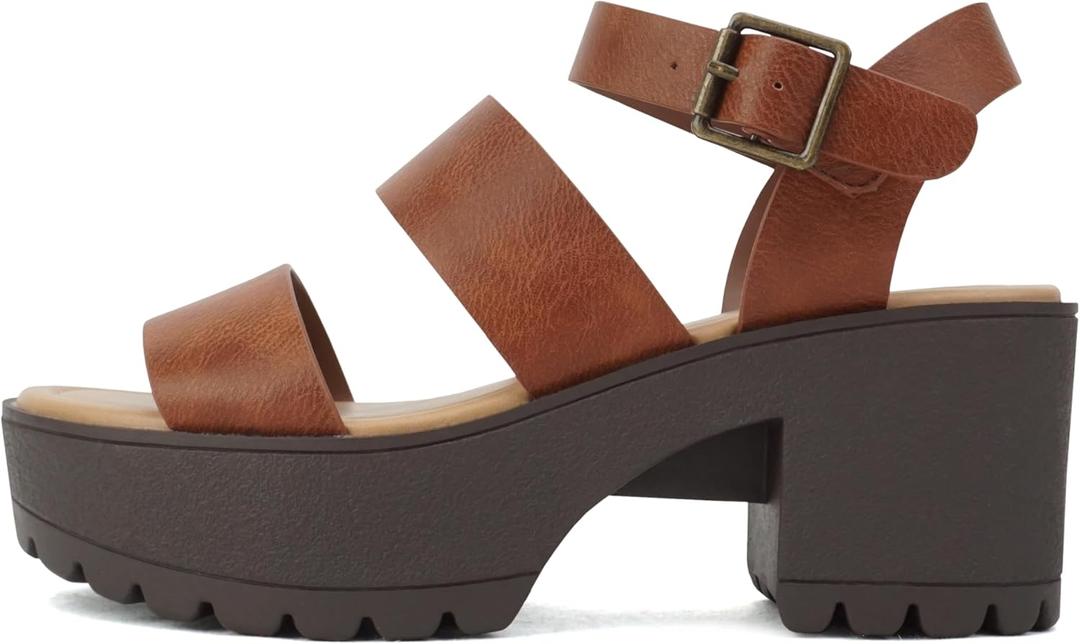 Soda ACCOUNT ~ Women Open Toe Two Bands Lug sole Fashion Block Heel Sandals with Adjustable Ankle Strap (8, Cognac Pu)