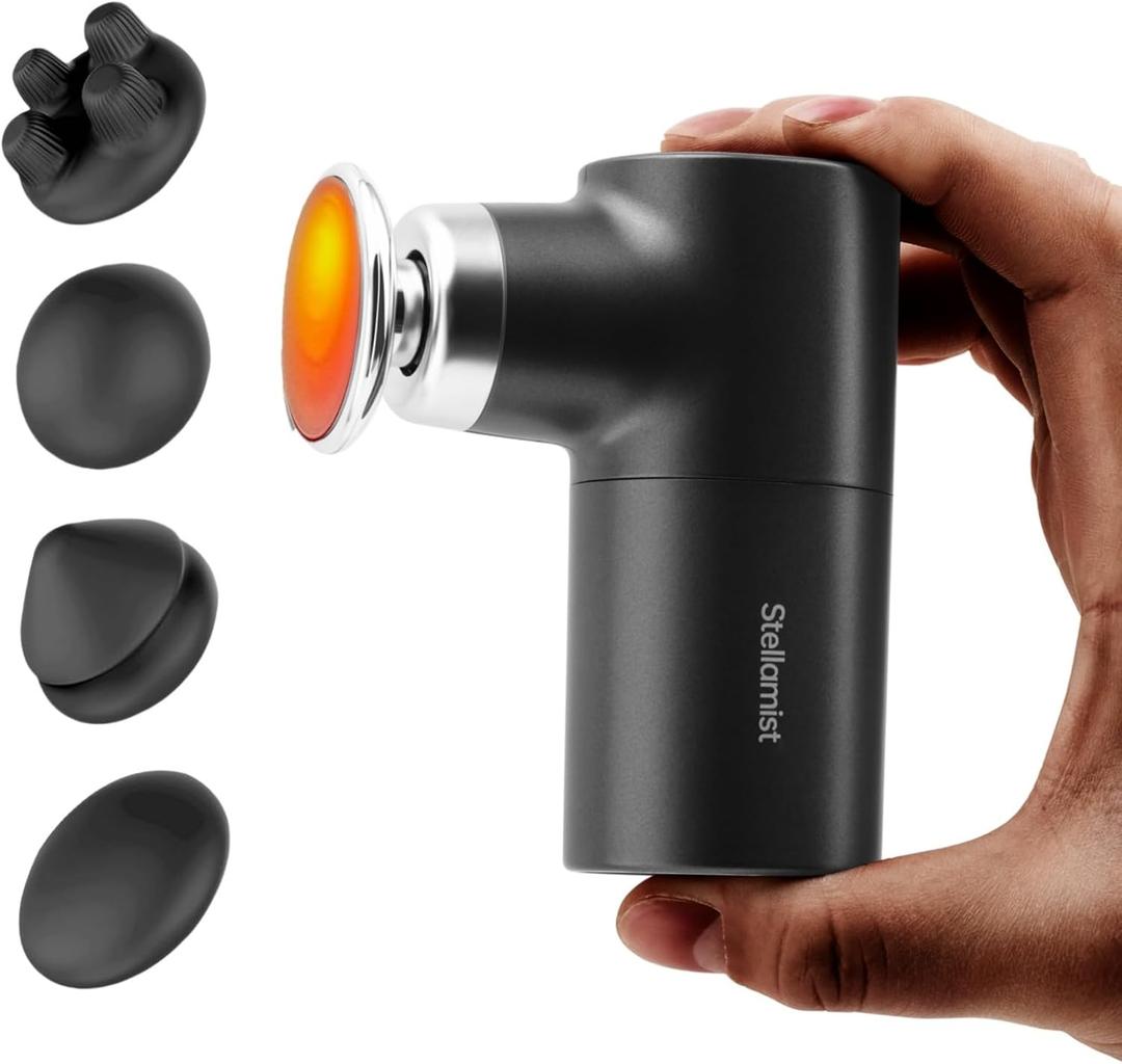 Mini Thermal Massage Gun with Heat, Portable Hand Held Massager Gun with Heat, Portable Percussion Muscle Massager with 4 Massage Heads for for Dad, Office, Home, Athletes (Black)