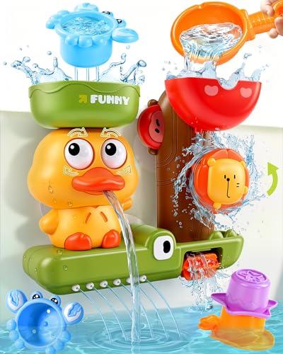 Baby Bath Toys for Kids Ages 1-3 Waterfall Duck Toddler Bath Toys with 3 Stacking Cups Sensory Shower Bathtub Toys for 12+ Months Boys Girls Birthday Gifts with Strong Suction Cups