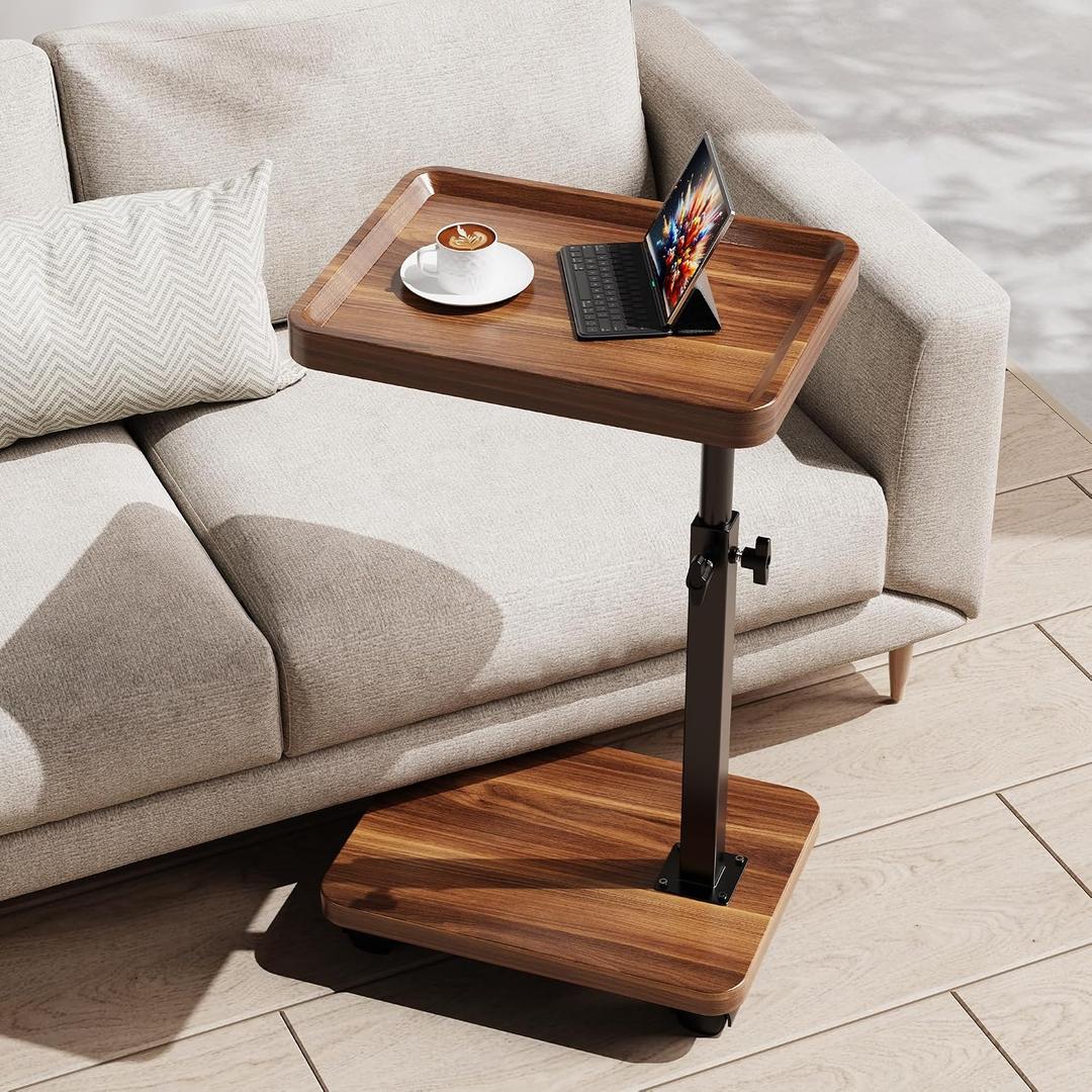 C Table End Table Adjustable Height, 360Swivel TV Tray Table for Small Spaces, Side Tables with Wheels for Living Room and Bedroom, Bed (Walnut), L15.7*W11.8
