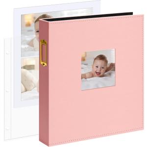 Vienrose 8.5x11 Inch Large 3 Ring DIY Scrapbook Photo Album Leather Cover Scrap Book Albums Blank Scrapbooks Photobook with 50 Plastic Sleeves 100 Pages for Wedding Baby Family Anniversary (Pink)