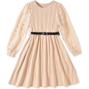 Floerns Girls Solid Swiss Dot Mesh Bishop Long Sleeve Crew Neck Knit Dress Apricot 12-13Y