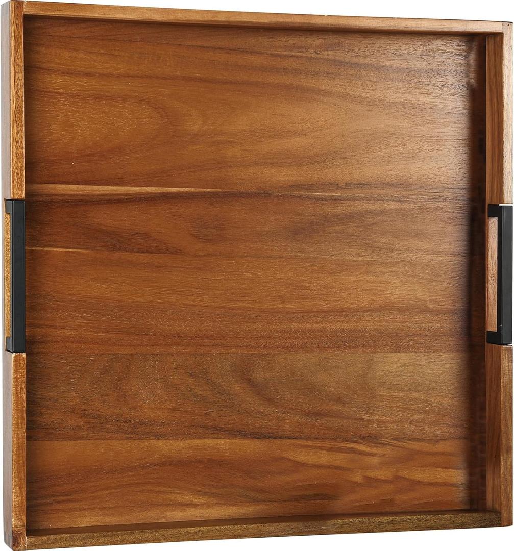 Large Ottoman Tray for Living Room and Coffee Table, Decorative Acacia Wood Serving Tray with Handles for Breakfast in Bed, Dinner Food Kitchen TV (Natural, 20" x 20" x 2")