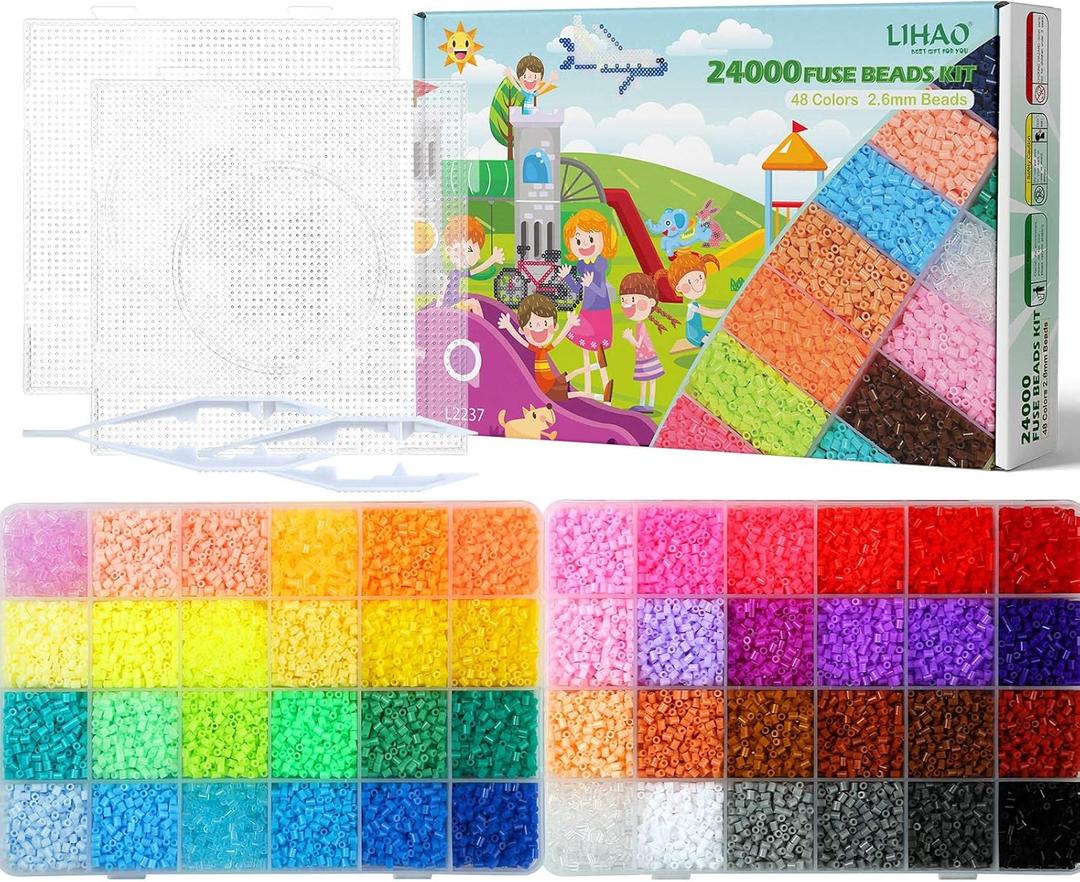 LIHAO 2.6mm Mini Fuse Beads Kit for Crafts, 24000 pcs 48 Colors Fuse Beading Kit Multicolored Iron, Great Supplies for Fuse Beads Artist