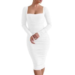 HOCILLE Women's Sexy Long Sleeve Bodycon Square Neck Ruched Cocktail Party Midi Dresses, L, White
