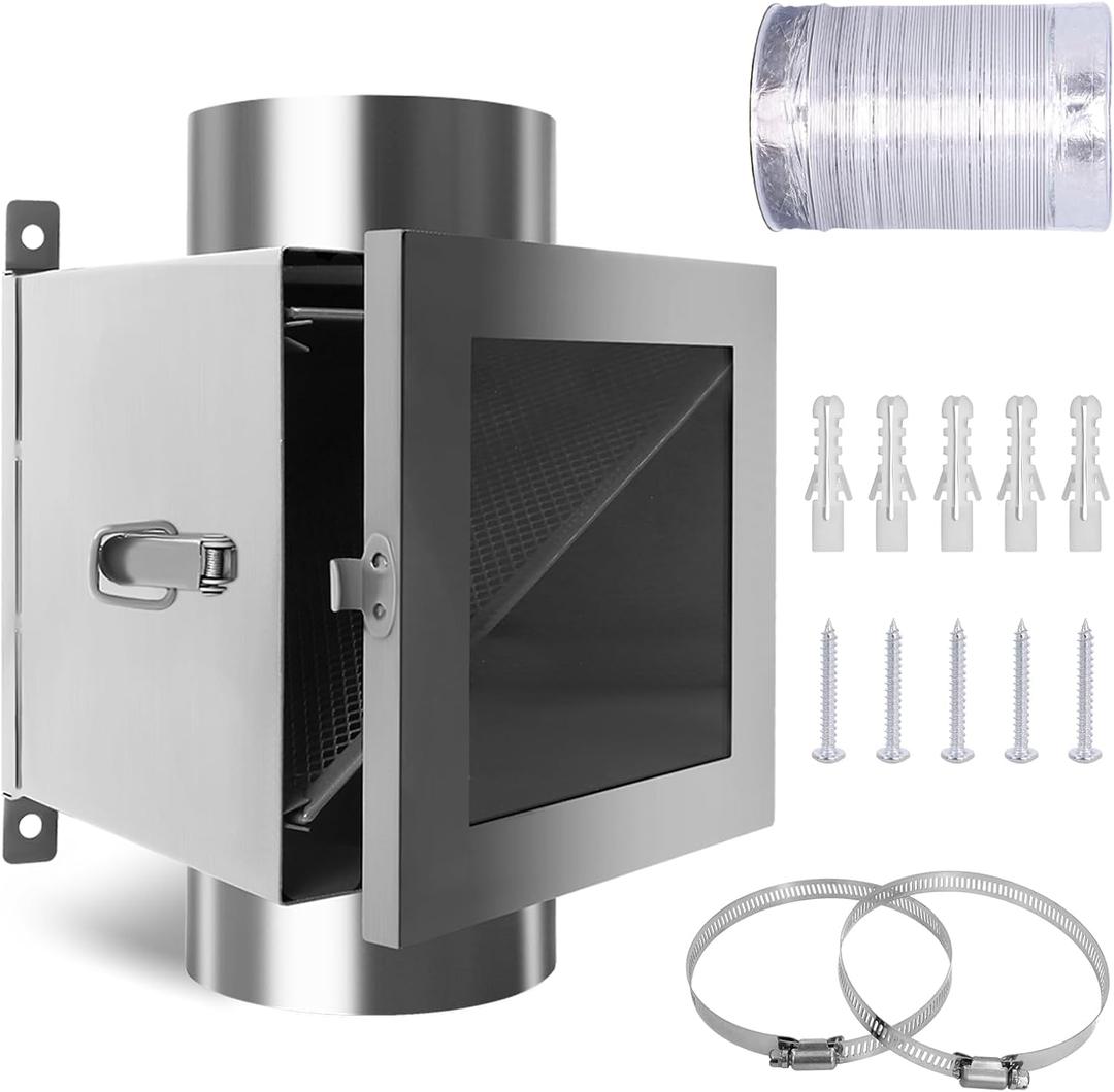 Metal Dryer Duct Lint Trap, Indoor Dryer Vent Kit with 4inch 8FT Dryer Vent Hose, 2 Stainless Steel Filter Mesh, 2 Clamps for Electric Dryers Secondary Lint Traps, Dryer Vent Lint Catcher