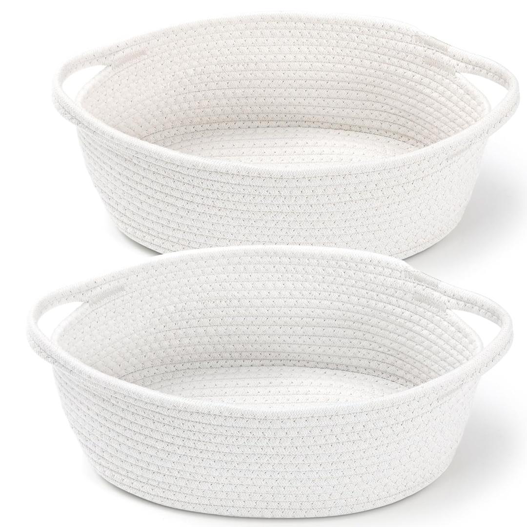 2 Pack Small Woven Basket with Gift Bags and Ribbons, Empty Decorative Gift Chest Box, Cute Baby Gift Basket for Nursery, Cotton Rope Room Shelf Storage Basket with Handles, All 12"x 8"x 5",White