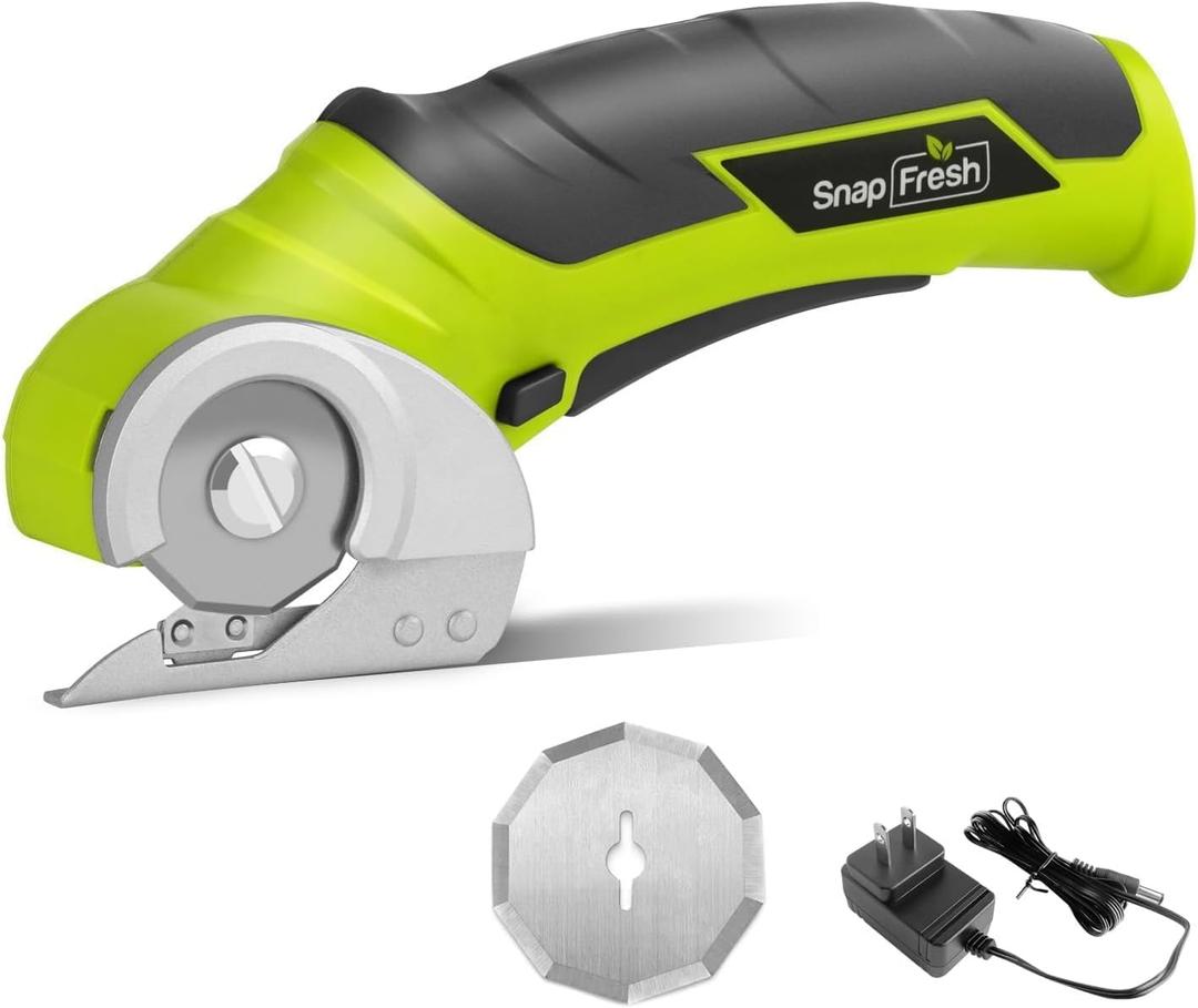 SnapFresh Cordless Electric Scissors, 4V Electric Mini Cutter, Carpet & Cardboard Cutter Tool with a Replacement Blade/Charger, Rotary Cutter for Cardboard Packages Leather Plastic （Green）