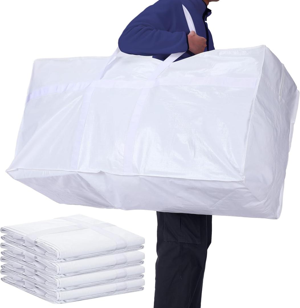 Windyun 4 Pack 57 Gallon Extra Large Storage Bags XXL Moving Bags with Zipper Strong Handles Heavy Duty Jumbo Big Totes Moving Boxes Foldable Duffle for College Dorm Travel Clothes Space Save (White)