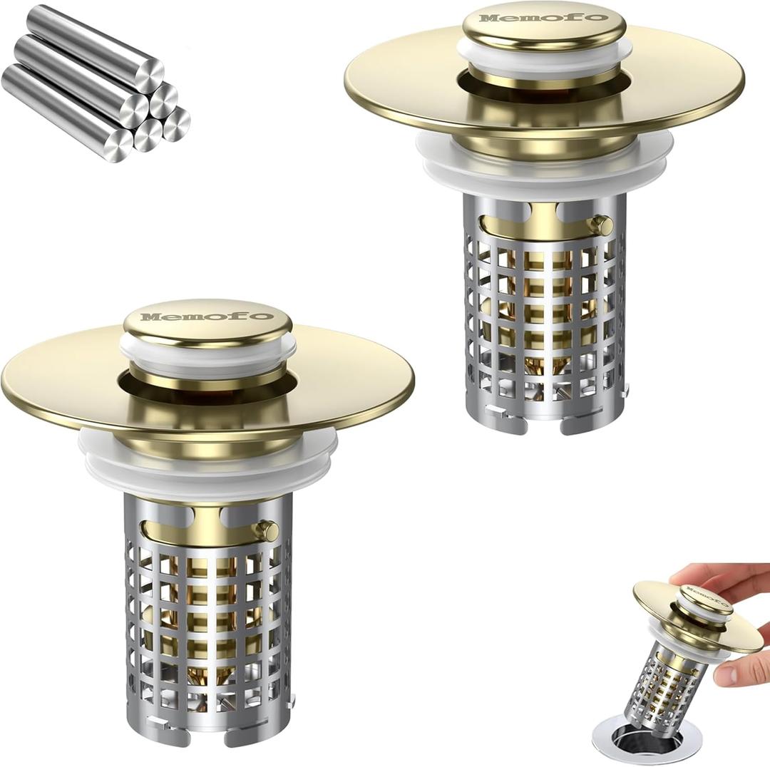Bathroom Sink Drain Strainer, Stainless Steel Pop-up Strainer Basket Hair Catcher with Removable Basket, Brass Bullet Core, Universal Fit 1.1-2.36 Inch (Brushed Gold (2PCS))