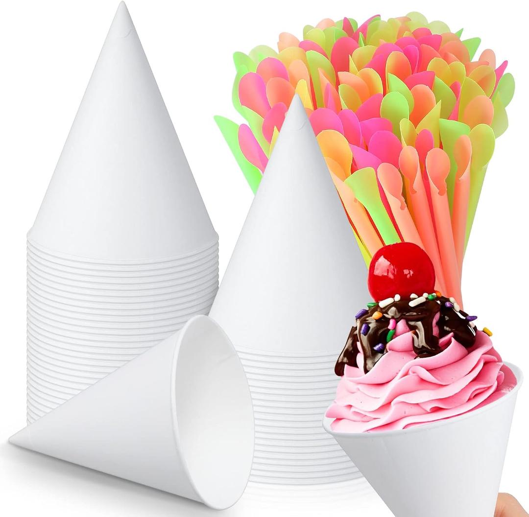 Eaasty 100 Pcs Snow Cone Cups and Straws - 4.5 oz Disposable Cone Paper Cups with Spoon Straws for Slush, Shaved Ice, Cream, Sorbet, Water (White)