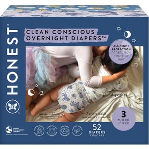 The Honest Company Clean Conscious Overnight Diapers for Sensitive Skin | Hypoallergenic, Fragrance Free | Cozy Cloud + Star Signs | Club Box, Size 3 (16-28 lbs), 52 Count (Size 3)
