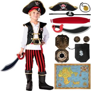 Spooktacular Creations Pirate Costume for Kids, Boys Classic Red Pirate Outfit Deluxe Set with Toy Accessories for Toddler Halloween Pretend Roleplay Themed Party (Medium, 8-10 yrs)