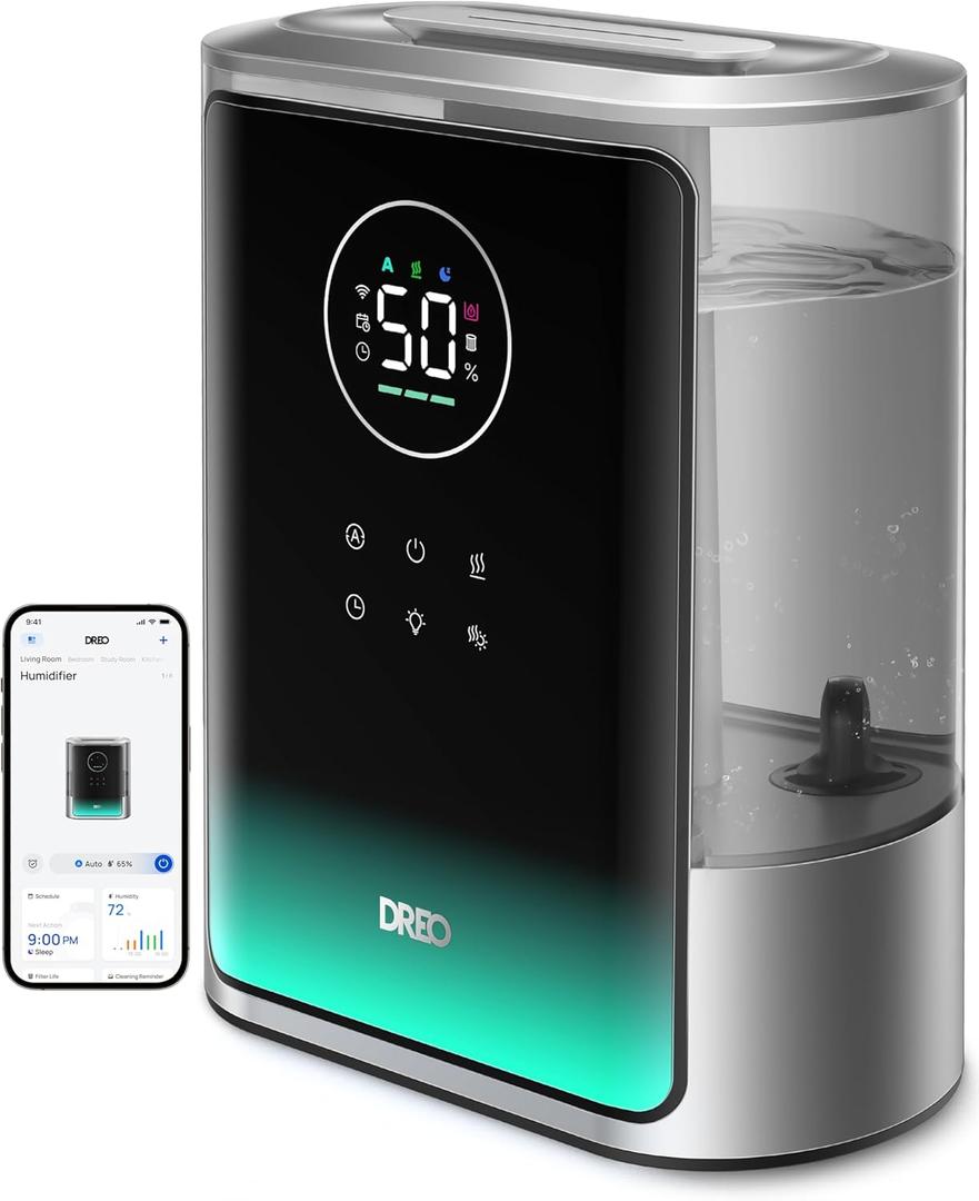 Dreo 8L Smart Humidifiers for Bedroom 600ft, 80H Runtime Warm&Cool Supersized Mist Humidifier for Large Room Indoor, Quiet Whole House humidifier for Baby, Plants, with Alexa/Google, Silver, HM717S