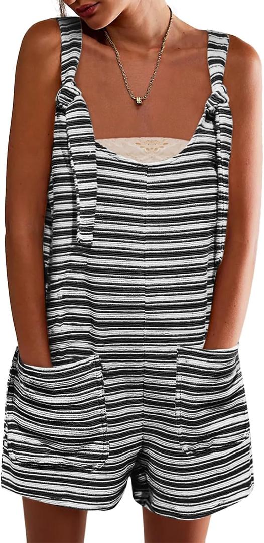 Yousify Womens Fall Casual Sleeveless Romper Loose Striped Tied Shorts Overalls Jumpsuit with Pockets 2025 Clothes (Large, Black)