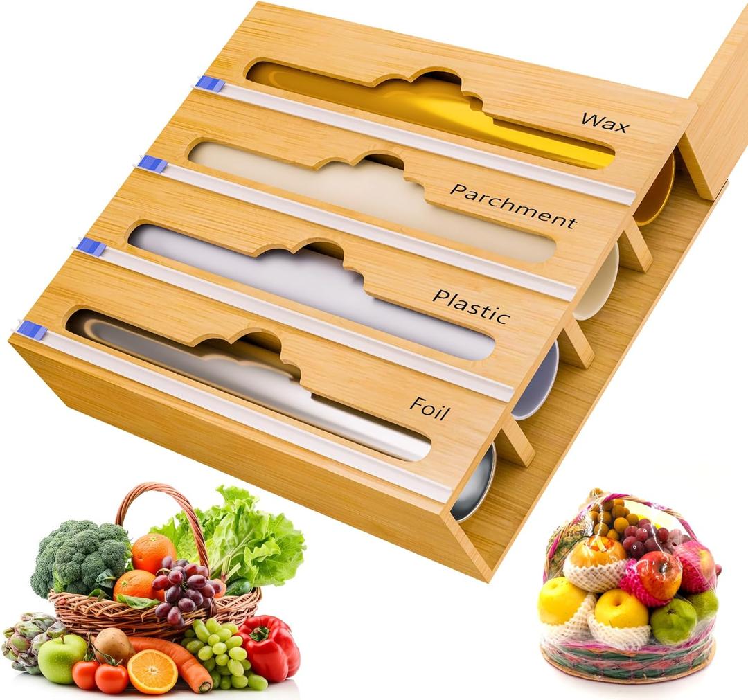 Bamboo Aluminum Foil Organizer & Plastic Wrap Dispenser with Cutter - 4 in 1 Parchment, Wax Paper & Saran Wrap Holder - Tin Foil Food Wrap Organizer for Kitchen Drawer, Countertop & Pantry - 11" Rolls