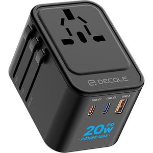 decqle Universal Travel Adapter, International Travel Plug Adapter with 2 USBC(PD 20W) ＆ 1 USBA Ports, All in One Portable Adaptor, for USA, UK, EU, AU ＆ 224+ Countries (Black) US