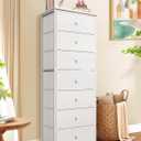 Mifuro Tall Fabric Dresser for Bedroom, Vertical Storage Organizer Tower with 7 Drawers, Chest of Drawers with Bins, Steel Frame, Wood Top for Bedroom, Closet, Entryway White