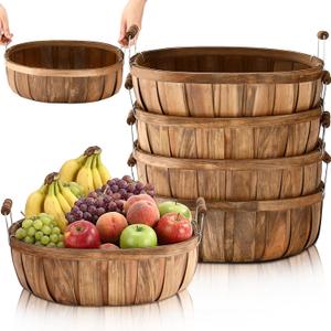 Lounsweer 4 Pcs Extra Large Wooden Bread Serving Baskets 14.6 inch Round Wooden Apple Basket with Handles Natural Wood Fruit Baskets for Kitchen Farm Party Home Gift, Brown