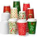 Nihuecne 50 Pack 16 oz Christmas Disposable Coffee Cups with Snap-on Lids - for Hot or Cold Drinks, Paper Coffee Cups for Xmas Holiday Table Decorations Party Supplies, 5 Assorted Christmas Styles