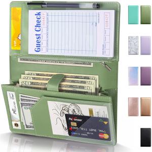 Server Book High Volume, Expandable Server Book,5"9", Waitress Waiter Book, Sturdy Leather Waitress Book with 2 Zipper Pockets and Magnetic Pocket, Server Books Server (Grass Green) (Extended Version)