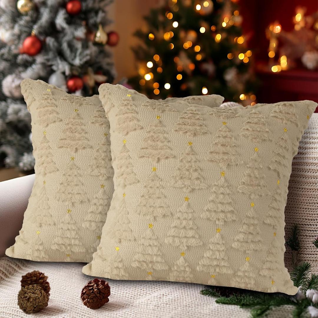 Lanpn Christmas 18x18 Throw Pillow Covers Set of 2, Winter Star Chrismas Tree Throw Pillow Cases Soft Plush Faux Fur Wool 18 x 18 Winter Cushion Cover for Indoor Home Bedroom Couch Sofa Decor (Beige)