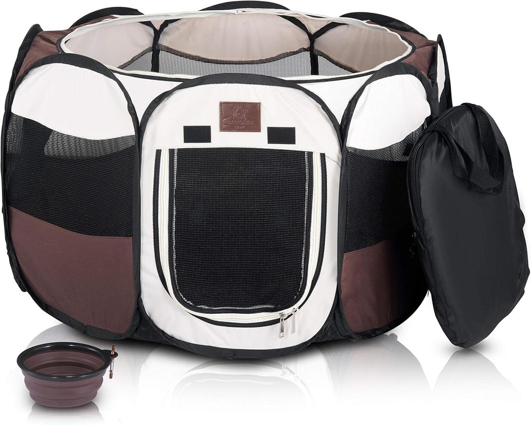 Portable Foldable Playpen Exercise Kennel Dogs Cats Indoor/Outdoor Removable Mesh Shade Cover, Carrying Case & Collapsible Travel Bowl (Medium)