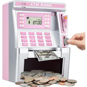 Pink Piggy Bank for Kids, ATM Machine Bank for Real Money with Debit Card, Bill Feeder, Coin Recognition, Balance Calculator, Electronic Savings Safe Box, Gifts for Teen Boy Girl, Medium