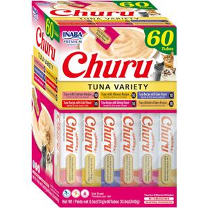 INABA Churu Cat Treats, Grain-Free, Lickable, Squeezable Creamy Pure Cat Treat/Topper, 60 Servings, Tuna Variety Box (0.5 Ounce (Pack of 60)) Exp: 01/01/27
