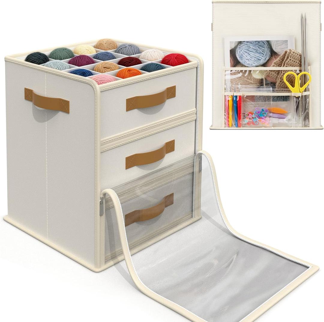 Temlum Yarn Storage Organizer with 3 Stackable Trays, Large Yarn Storage Container with Adjustable Dividers Crochet Storage for Yarns, Crochet Hooks, Knitting Needles, Crochet Accessories