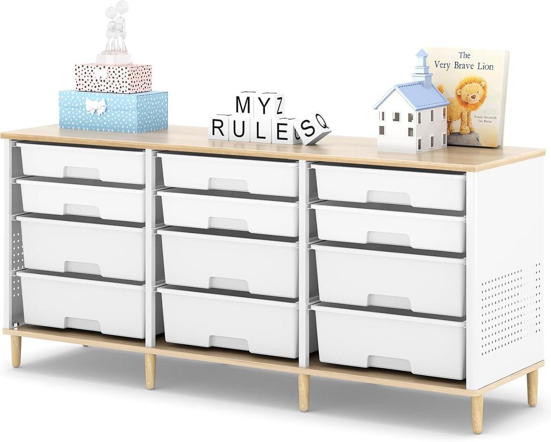 12 Drawers Storage Cabinet with Wooden Top and Plastic Bins, Toy Shelf Storage Chest Cubby Organizer for Home, Office, Playroom, Classroom & Craft Room Storage (White)