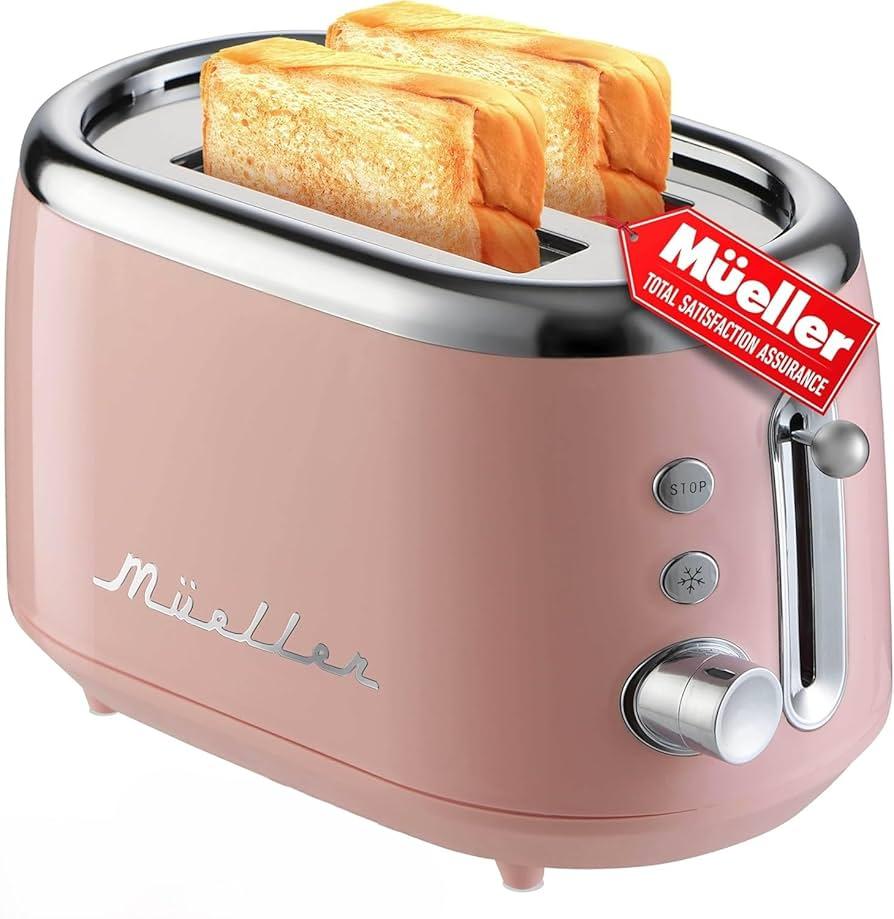 Mueller Retro Toaster 2 Slice with 7 Browning Levels and 3 Functions: Reheat, Defrost & Cancel, Stainless Steel Features, Removable Crumb Tray, Under Base Cord Storage, Pink