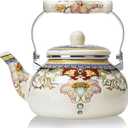 Floral Ceramic Enamel Teapot Tea Kettle for Stovetop,Large Porcelain Enameled Teakettle (white) (2.4L, white2), 2.5 Quarts