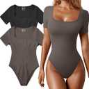OQQ Women's 2 Piece Bodysuits Sexy Ribbed One Piece Square Neck Short Sleeve Bodysuits (Large, Black Tea Leaf)