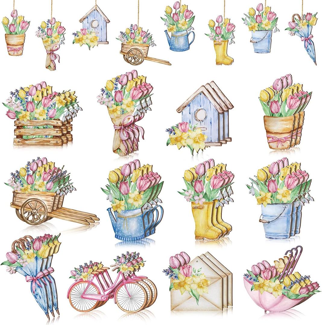 Maitys 36 Pcs Spring Flower Wooden Ornaments Sunflower Tulip Easter Tree Decoration Floral Gnome Hanging Wood Cutout Pastel Spring Decor for Home Small Tree Party(Tulip)