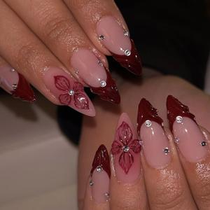 Red French Tip Press on Nails Almond - Medium Flower Fake Nails with 3D Crystal Diamond Designs, Glossy Finished Reusable False Nails with Glue Tabs - 24Pcs Nail Kit for Women Manicure
