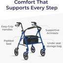 Drive Medical Rollator Walker with Seat - Stable Mobility Support - Height Adjustable - Durable Steel Frame Construction - Smooth 7.5" Wheels - Foldable - 350 Lb Limit - Blue