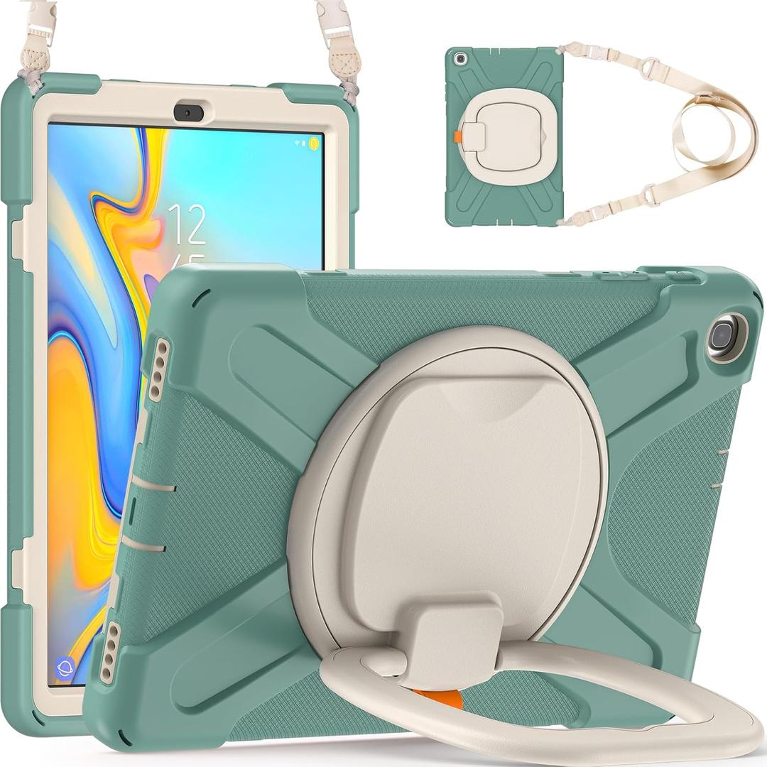 Case for Samsung Galaxy Tab A 10.1 inch SM-T510/SM-T515, 360 Degree Rotating Hand Grip Kickstand Shockproof Cover with Shoulder Strap, Emerald Green