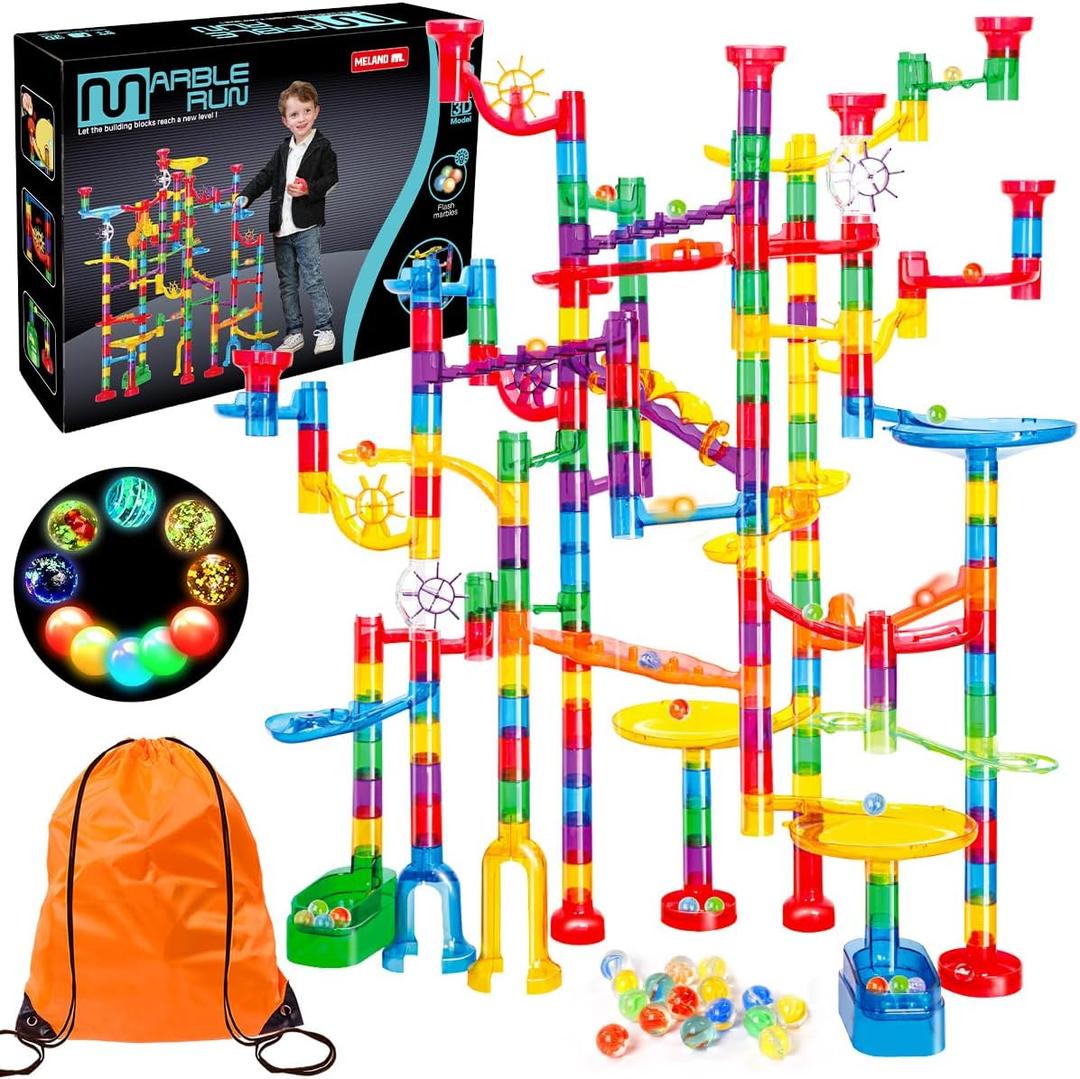 Meland Marble Run - 208Pcs Marble Maze Game Building Toy for Kids, Marble Track Race Set & STEM Learning Toy Gift for Boy Girl Age 4 5 6 7 8 9+(142 Pcs + 60 Glass + 5 Led Lighted Marbles)